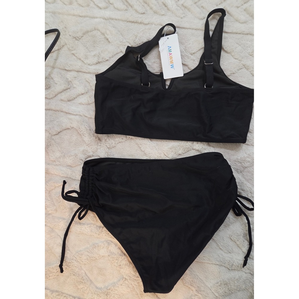 AMAWMW Girls Black Bikini Set V-Neck Cutout High Waist Swimsuit Size 15-16Y NEW